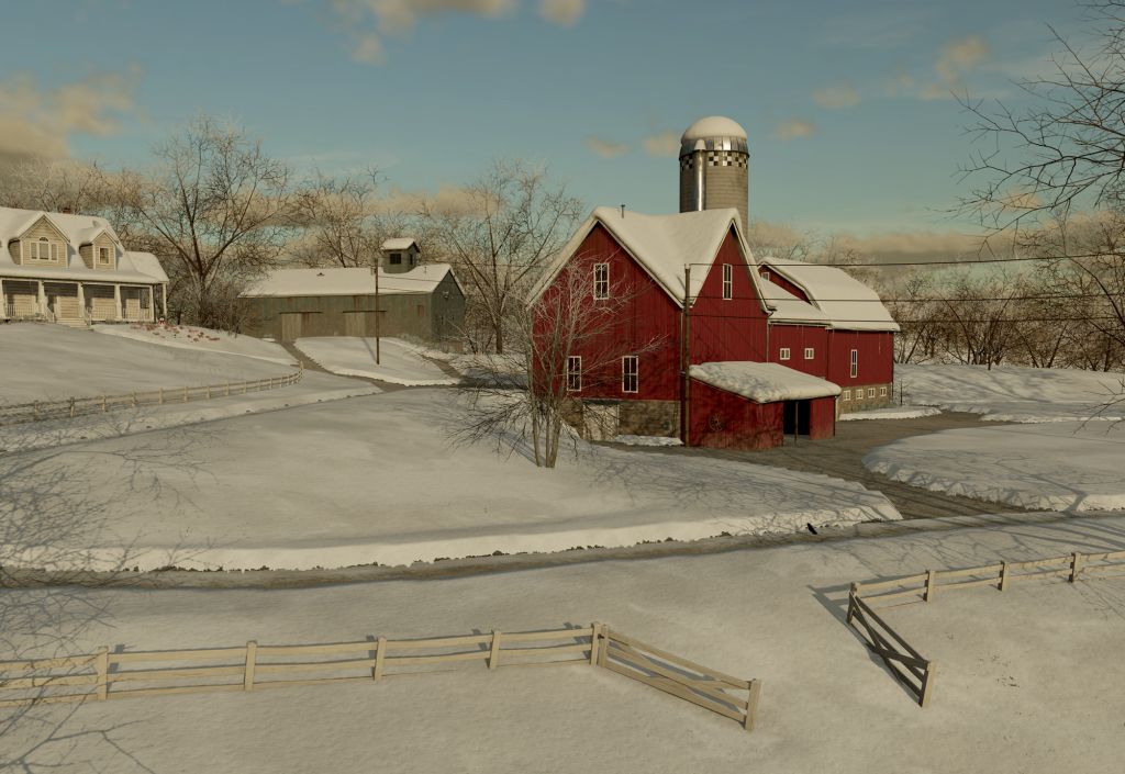Verschneite Landschaft mit rotem Bauernhaus