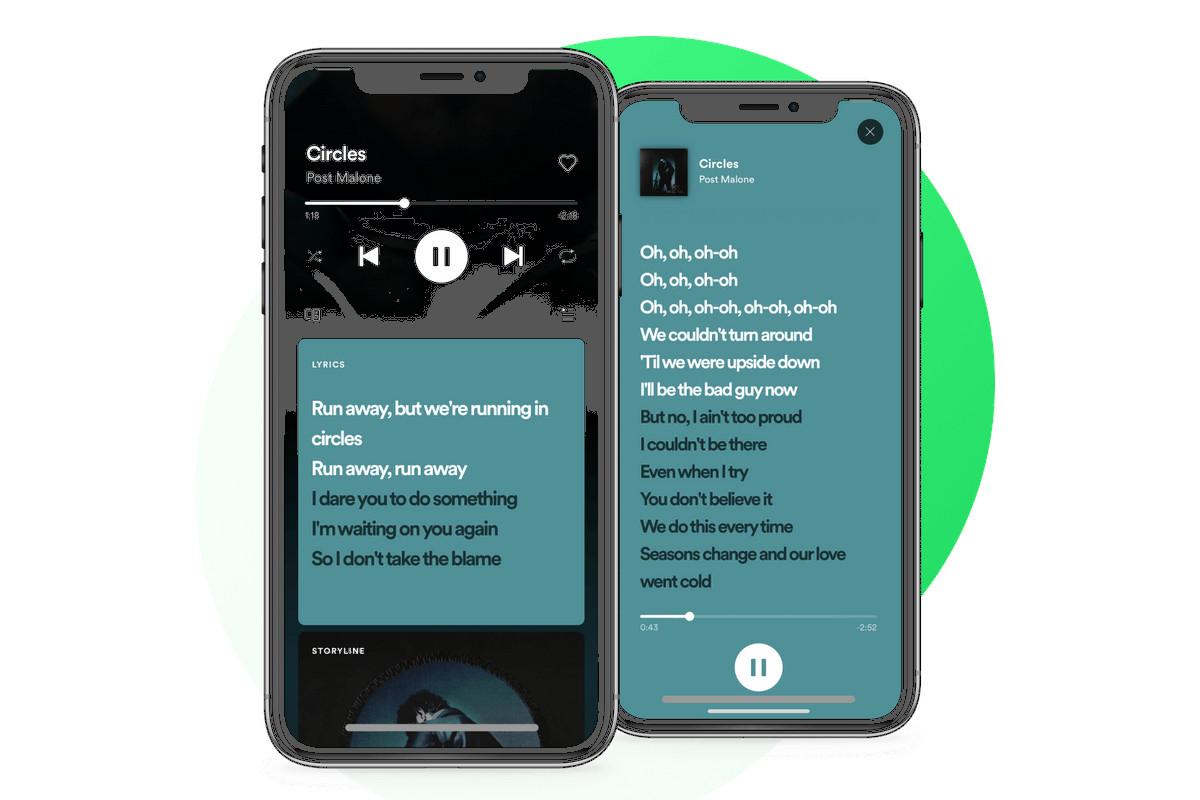 Smartphone mit geöffneter MusikApp zeigt Songtext an, vor grünem Kreis auf weißem Hintergrund