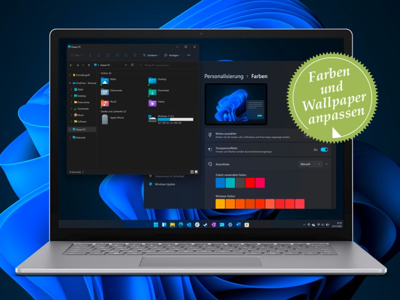 Geöffnetes Notebook von vorne zeigt Farbeinstellungen, im Hintergrund blaue Schleife auf dunklem Grund