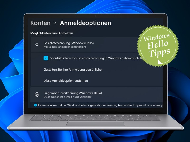 Geöffnetes Notebook von vorne zeigt Anmelde-Einstellungen, im Hintergrund blaue Schleife auf dunklem Grund