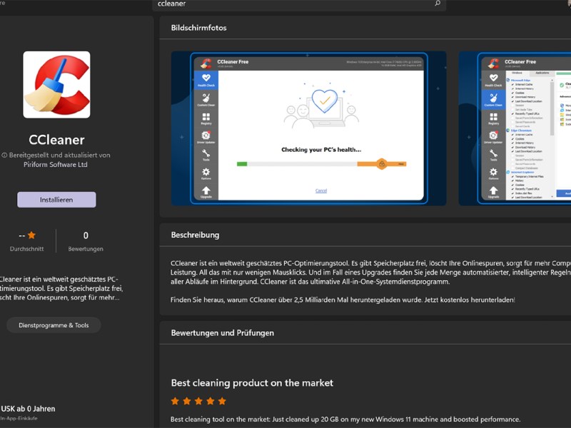 Die Startseite des PC-Optimierungstools CCleander