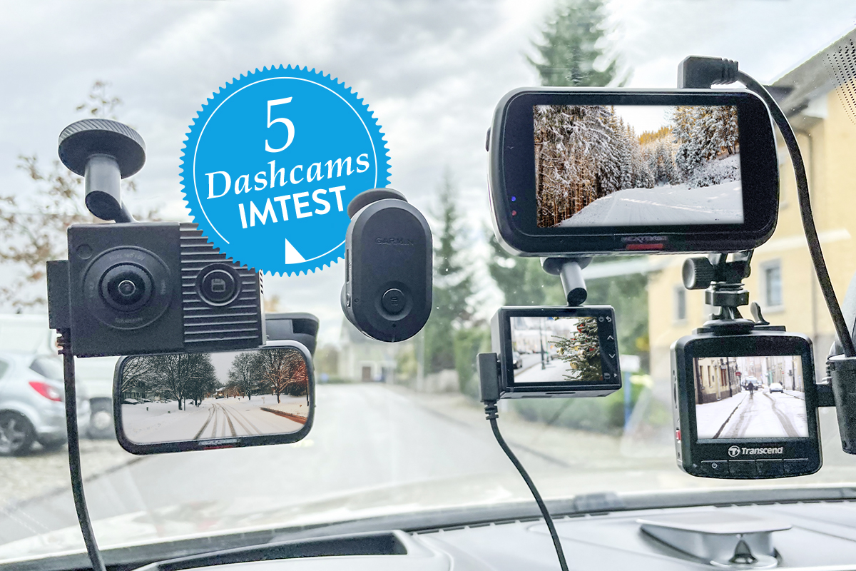 Windschutzscheibe mit 6 Dashcams, deren Bildschirme winterliche Straßen zeigen.