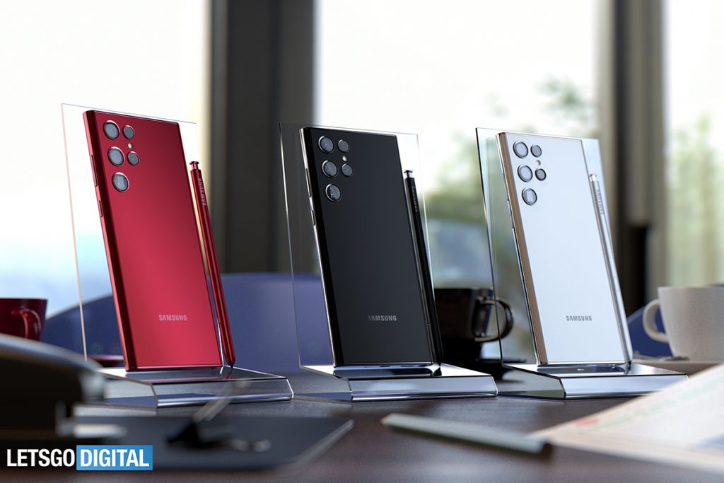 So könnte das Samsung S22 Ultra/Note aussehen. Das Gerät in drei unterschiedlichen Farben: Rot silber, schwarz
