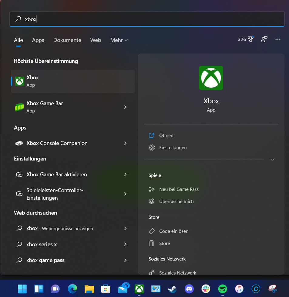 Der Screenshot zeigt das Windows 11 Startmenü mit der Xbox App