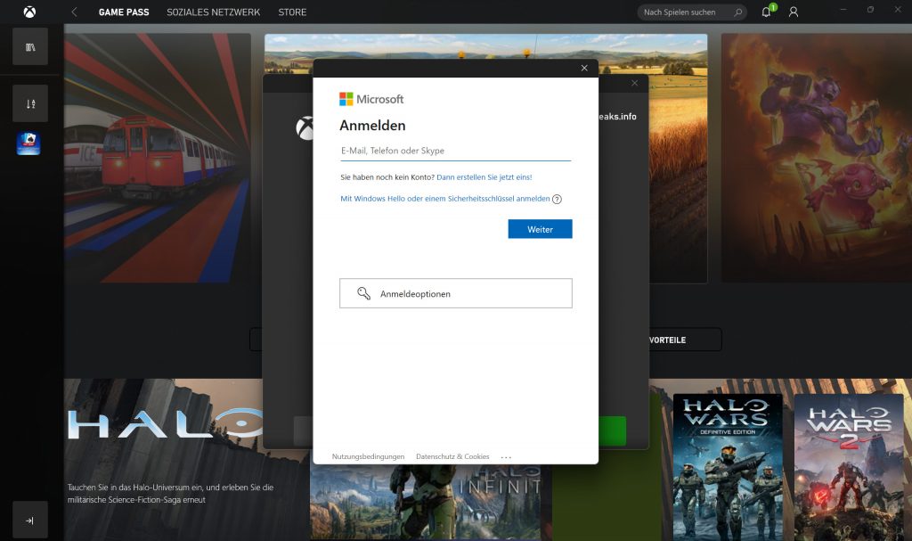Der Screenshot zeigt das Anmeldefenster der Xbox App.