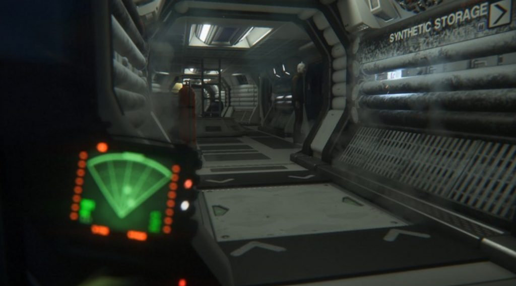 Der Screenshot zeigt den Gang in einem Raumschiff des Spiels Alien Isolation
