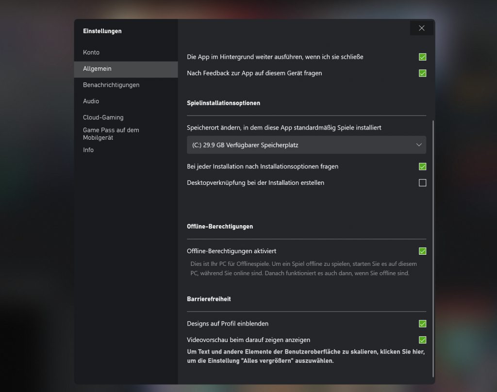 Der Screenshot zeigt die Einstellungen der Game Pass App.