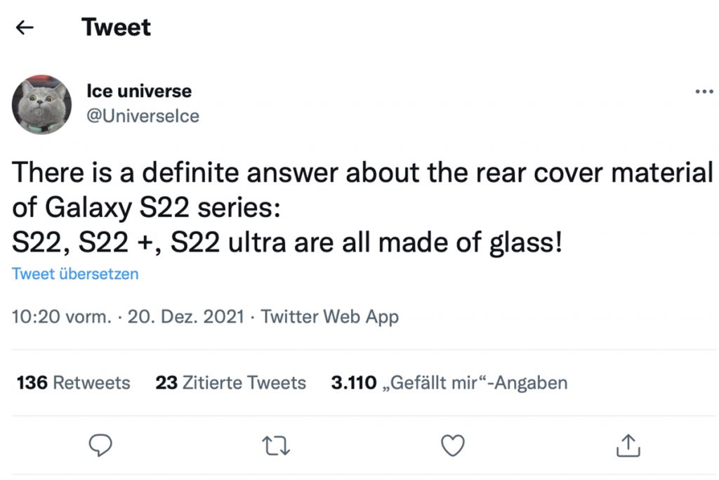 Twitter-Tweet vom Leaker Ice Universe, der besagt, dass die Galaxy S22-Modell komplett aus Glass gefertigt sein werden.