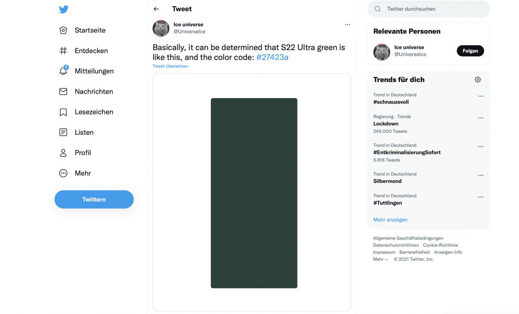 Tweet vom Leaker Ice Universe auf Twitter, der zeigt, dass das Samsung Galaxy S22 Note auch in dunkel grüner Farbe erhältlich sein soll.