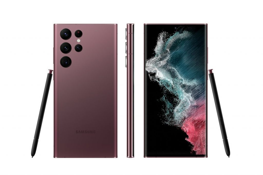 Das erste offizielle Foto des Samsung Galaxy S22 Ultra mit Vorder- und Rückansicht des Smartphones, sowie Bildschirmstift S-Pen