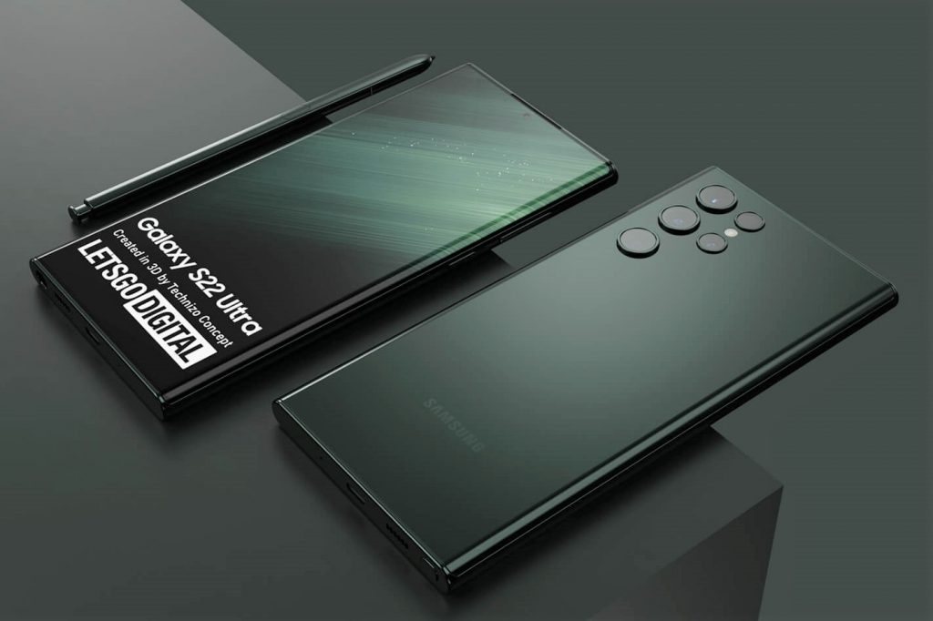 In Vorder- und Rückansicht: Das kommende Samsung Galaxy S22 Note komplett in dunkelgrün.