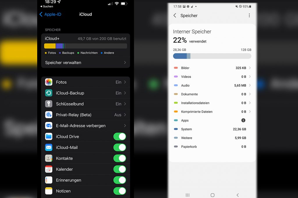 Übersicht Speicher Samsung und iOS