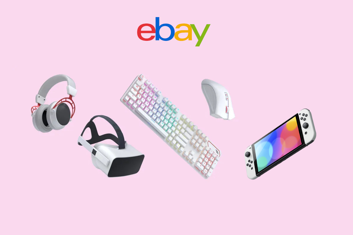 Verschiedenes Gaming-Zubehör in weiß durcheinander in Bild Mitte auf rosa Hintergrund mit eBayLogo oben