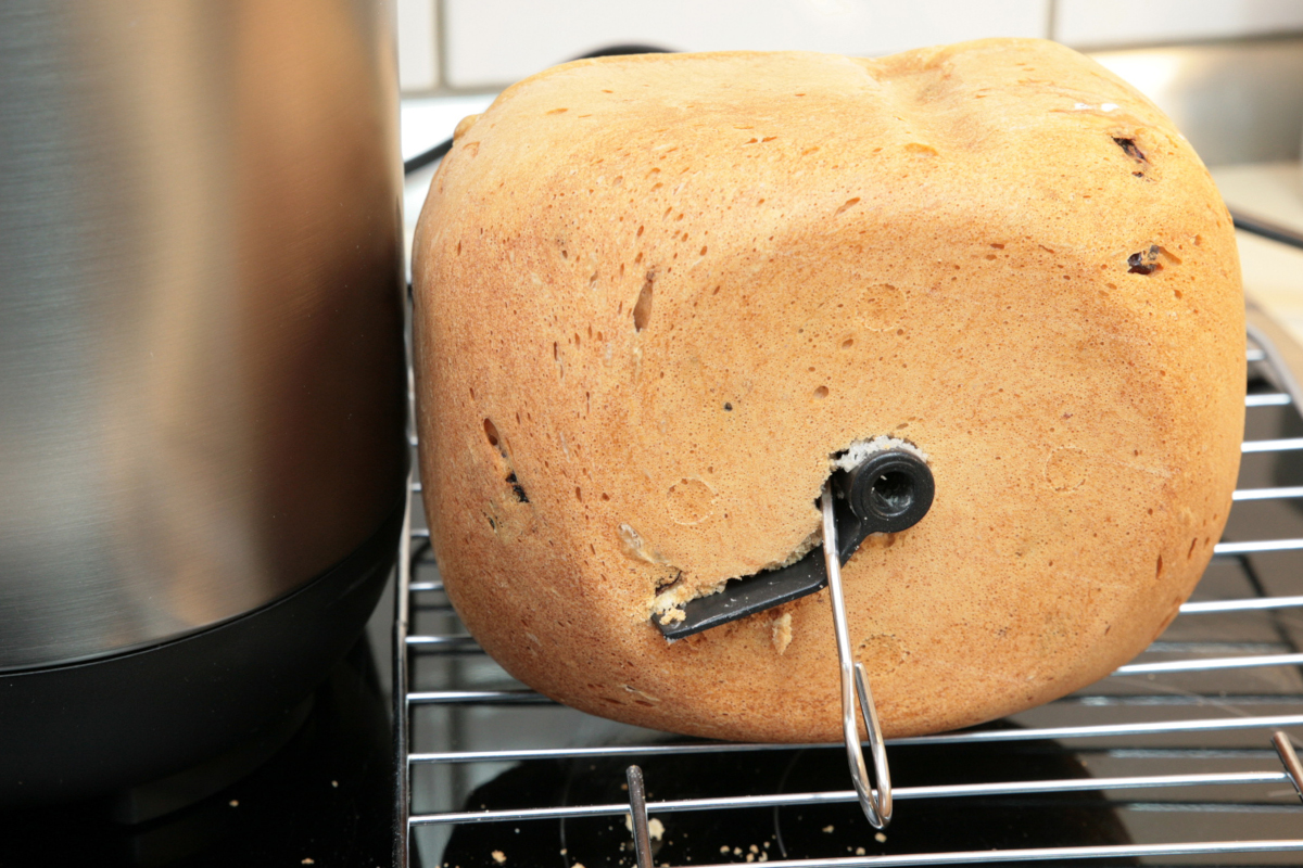 Helles ovales Brot von vorne, Metalhaken zieht schwarzen Knethaken aus dem Riss