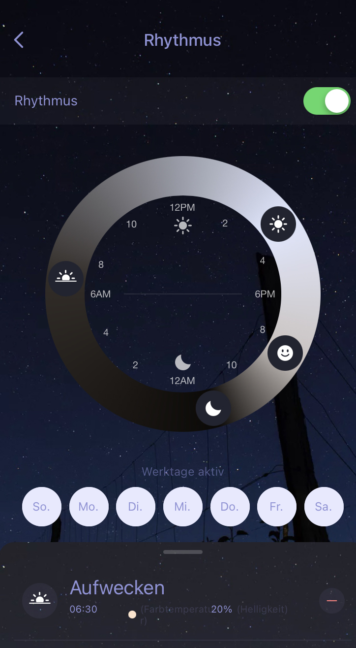 Screenshot Smartphone dunkle geöffnete App mit silbernem Kreis und anderen Einstellungen