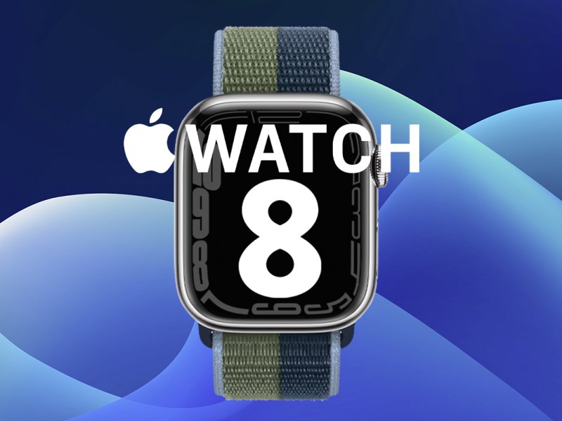 Die Apple Watch 7 mit einer großen 8 davor, auf buntem Background.