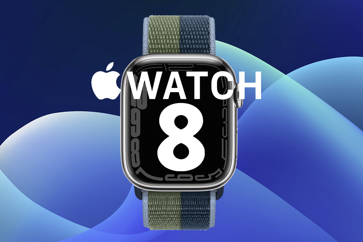 Die Apple Watch 7 mit einer großen 8 davor, auf buntem Background.