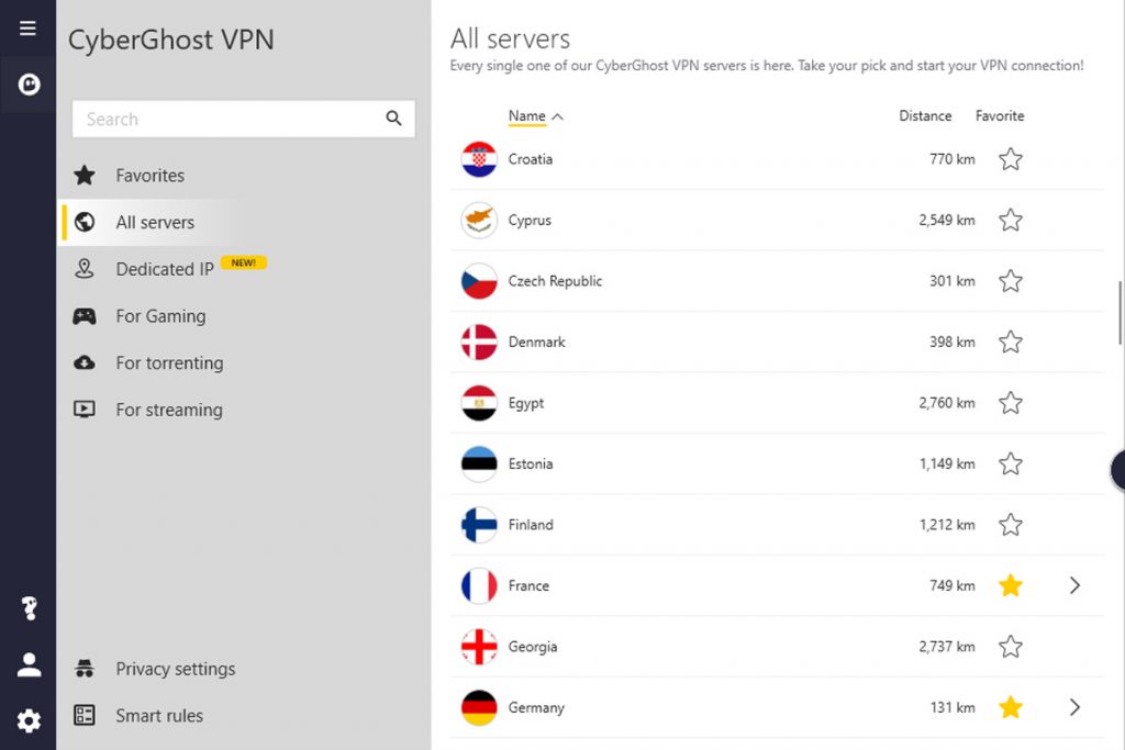 Cyberghost VPN Server-liste