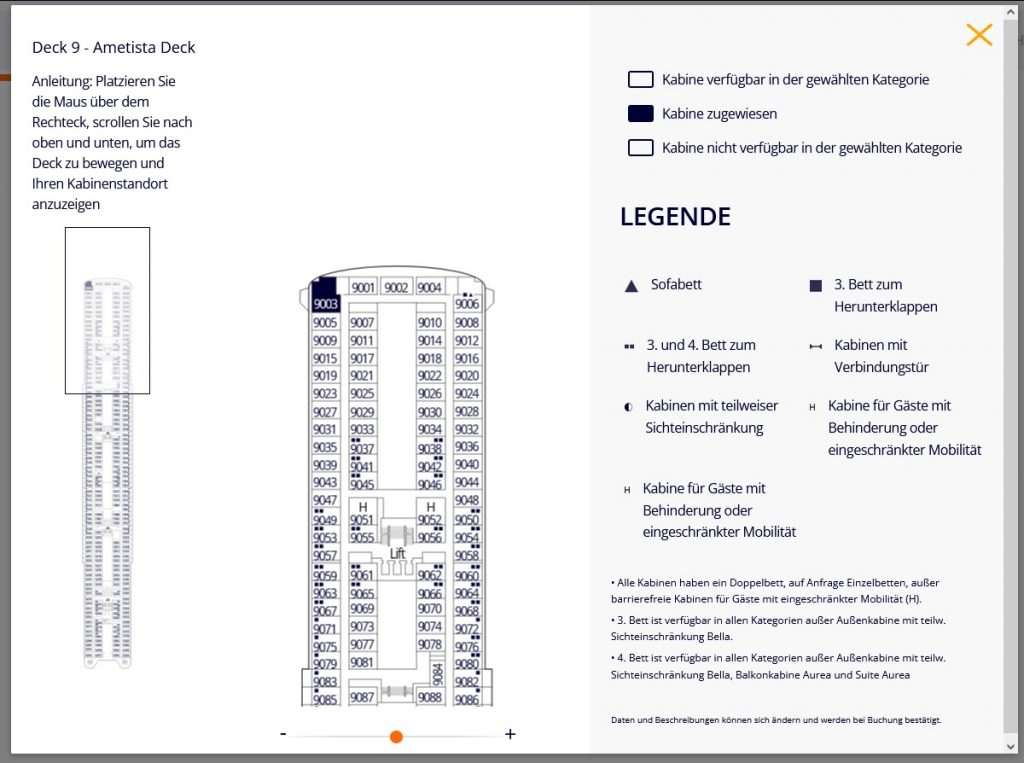 Deckplan von Kreuzfahrtschiff mit Legende und Beschreibung