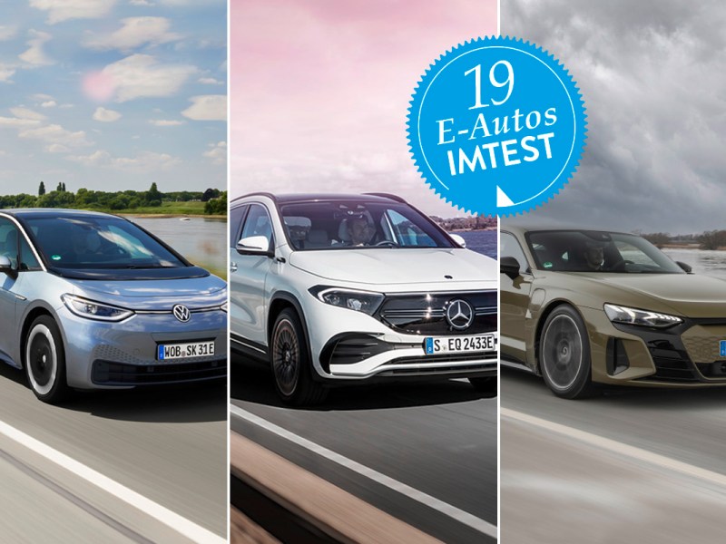 VW ID3, Mercedes EQA und Audi RS e-Tron GT nebeneinander auf der Straße.