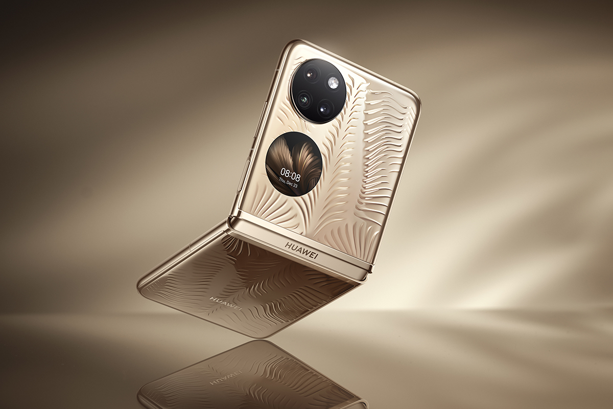Huawei P50 Pocket in Gold und Muster-Struktur