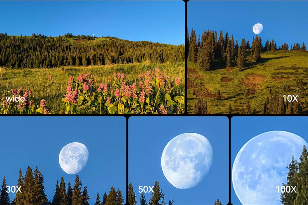 Foto vergleich einer Landschaft mit Mond mit verschiedenen Zoomstufen