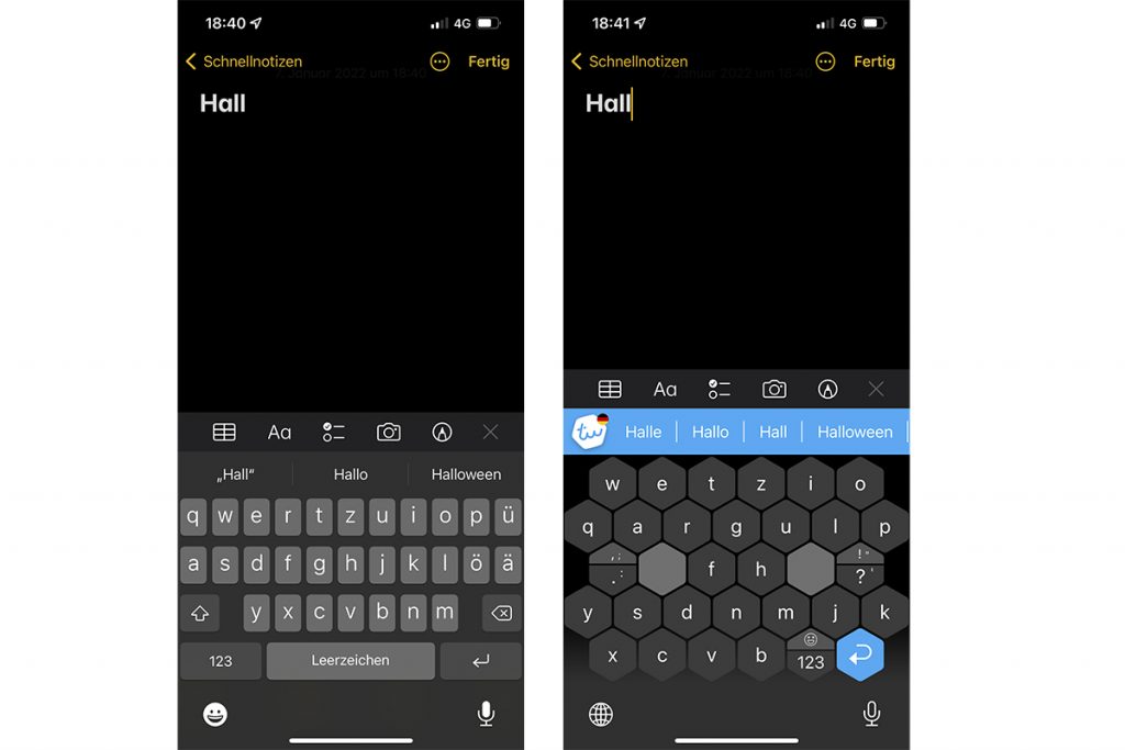 Typewise Tastatur im Vergleich zu iOS Tastatur