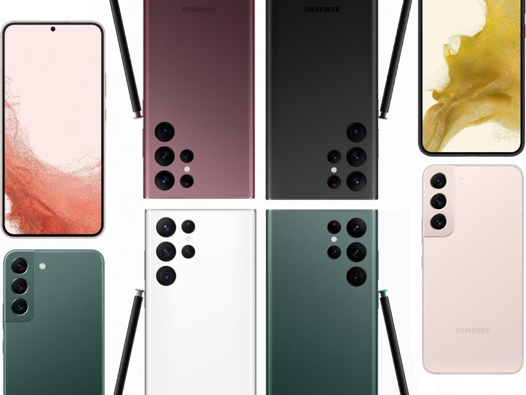 Die unterschiedlichen Samsung-Galaxy-S22-Modelle im Überblick auf einem Foto. Mit unterschiedlichen Farben und mit Vor- und Rückseite abgelichtet.