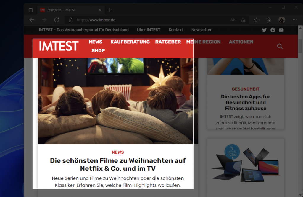 Screenshot Browser mit IMTEST Startseite Rechteckiger Ausschnitt ausgewählt, Rest ausgegraut
