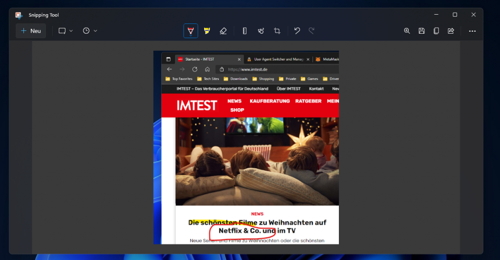 Screenshot dunkles Programmfenster mit Bild von Ausschnitt IMTEST Startseite