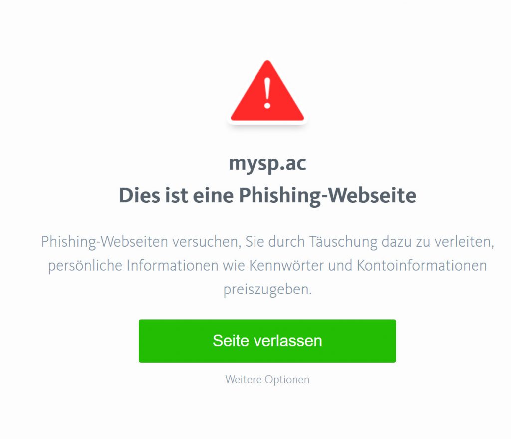 Screenshot weißes Fenster mit Warnung vor Phishing