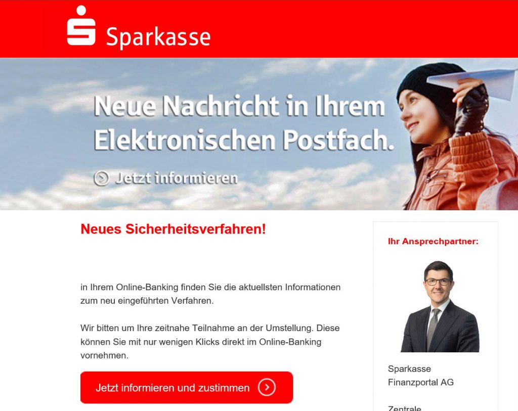 Screenshot von Seite, die aussieht wie die Homepage von Sparkasse