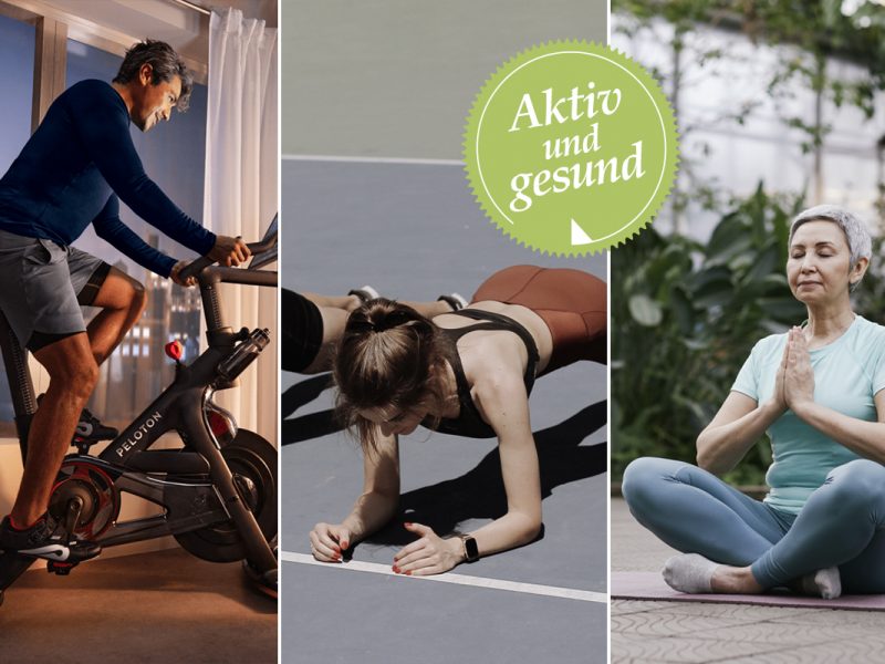 Three sports side by side: indoor cycling, low impact and meditation.