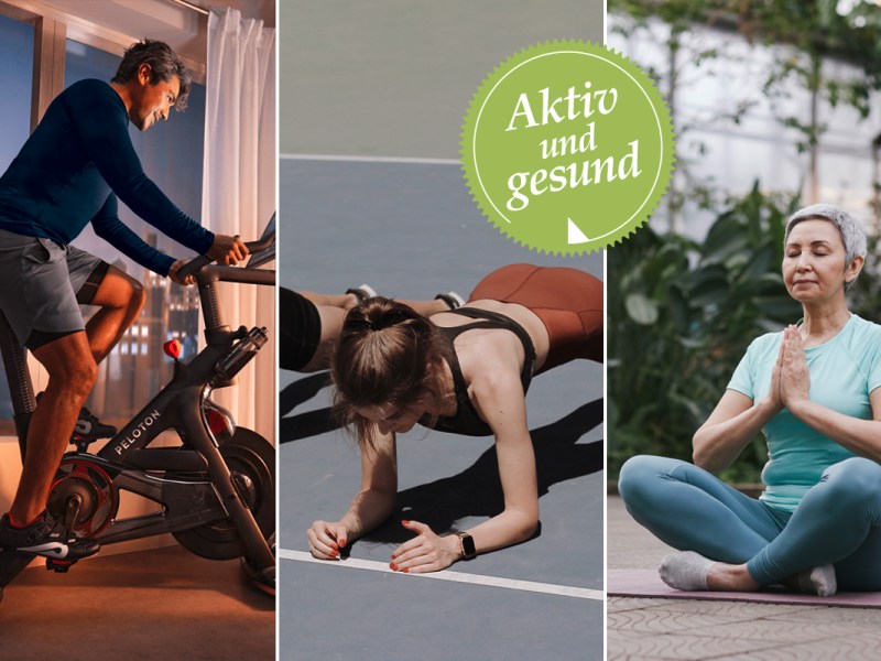 Drei Sportarten nebeneinander: Indoor Cycling, Low Impact und Meditation.