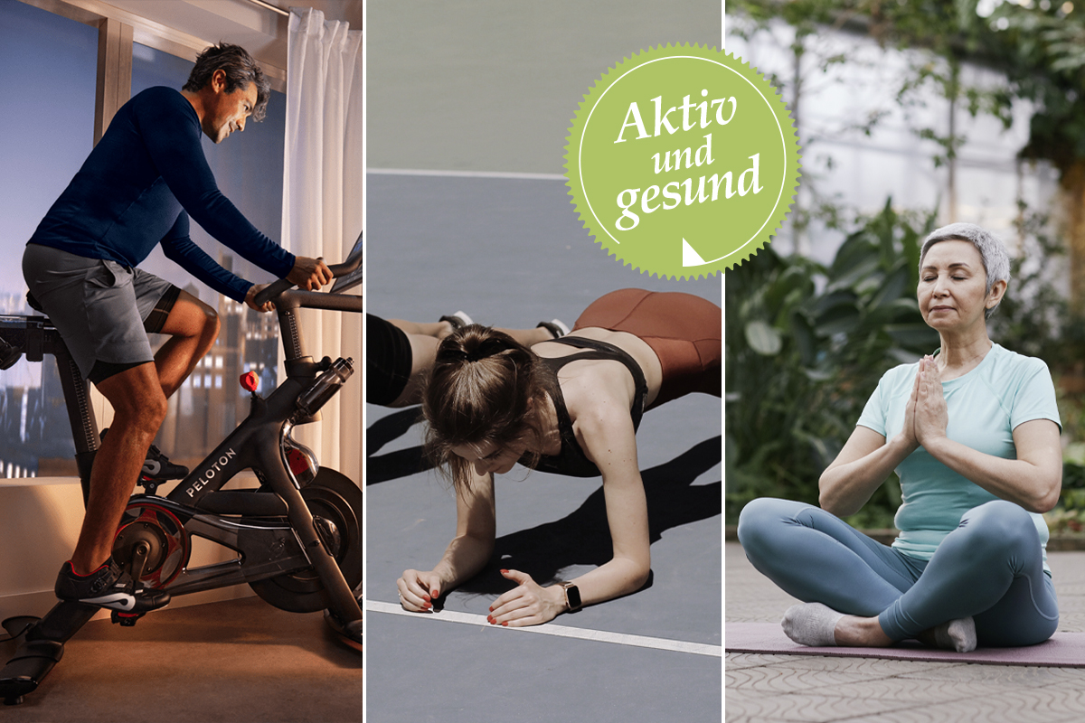 Drei Sportarten nebeneinander: Indoor Cycling, Low Impact und Meditation.