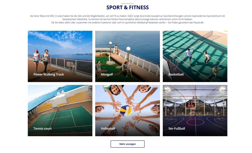 Screenshot sechs Kacheln für Sportangebot auf MSC Schiff 