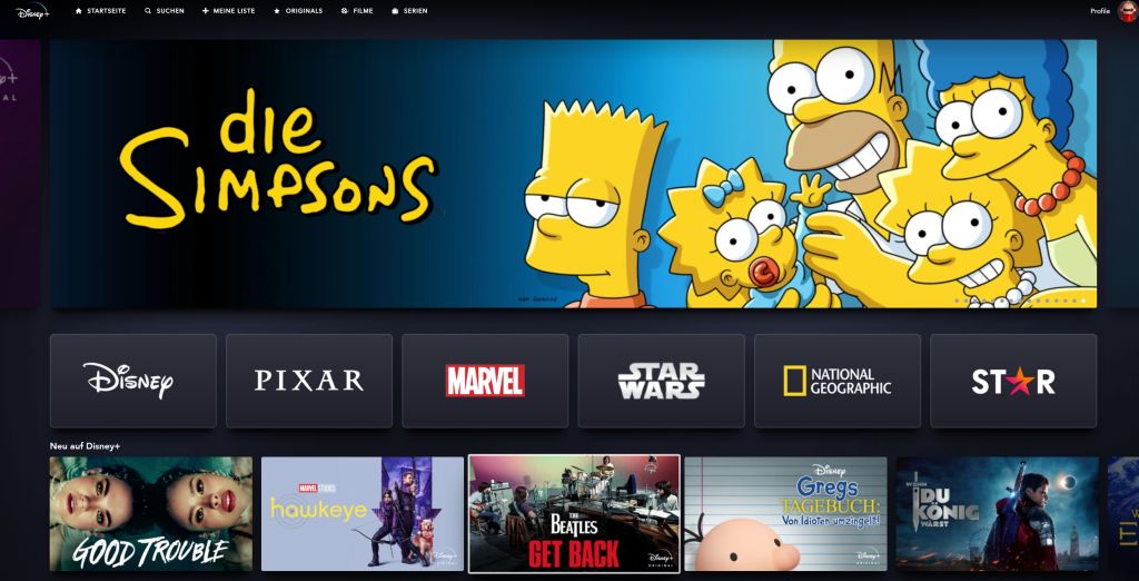 Screenshot Disney+ Startseite