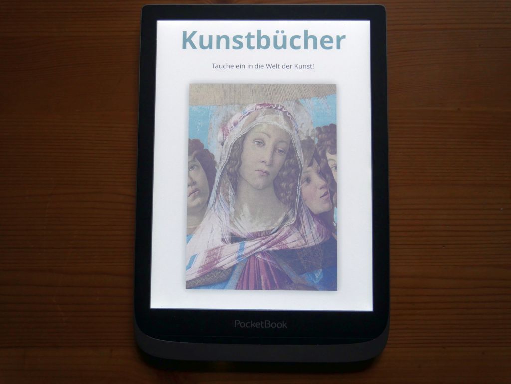 eBook-Reader mit schwarzem Rahmen zeigt Seit mit Portrait Gemälde