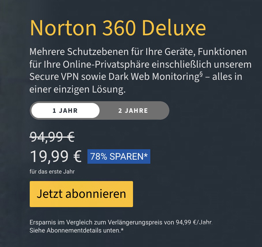 Screenshot schwarzes Fenster mit Norton Meldung für Aboverlängerung