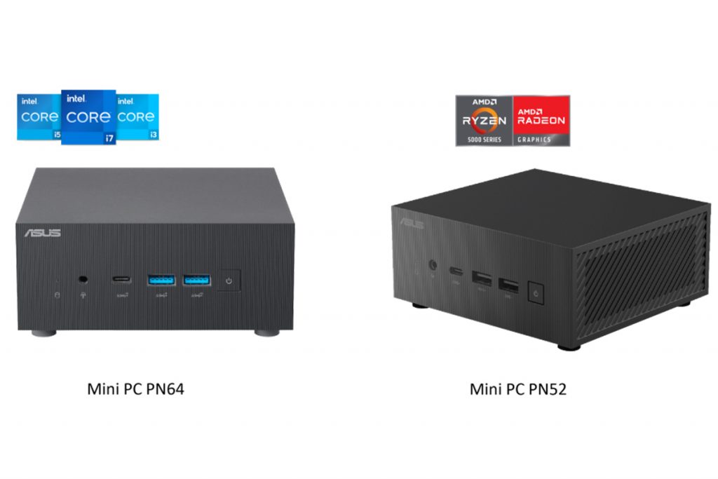 Asus Mini PCs PN64 und PN52 in Vorder- und Seitenansicht.