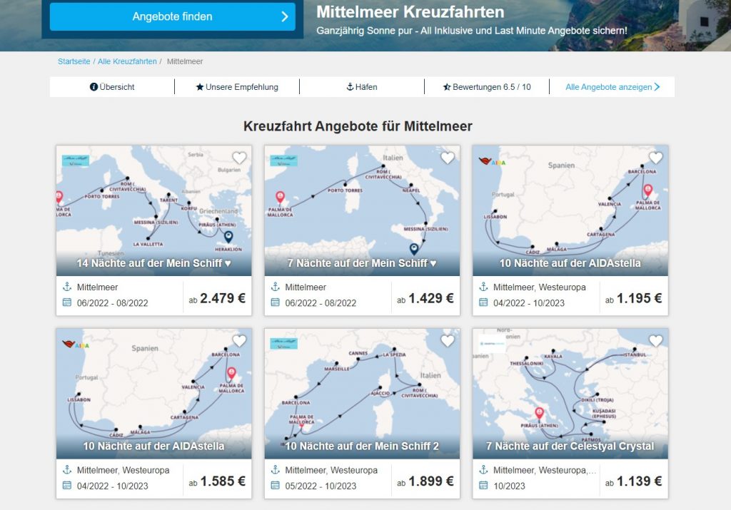 Screenshot helle Angebotsseite mit Kreuzfahrten ans Mittelmeer als sechs Kacheln dargestellt