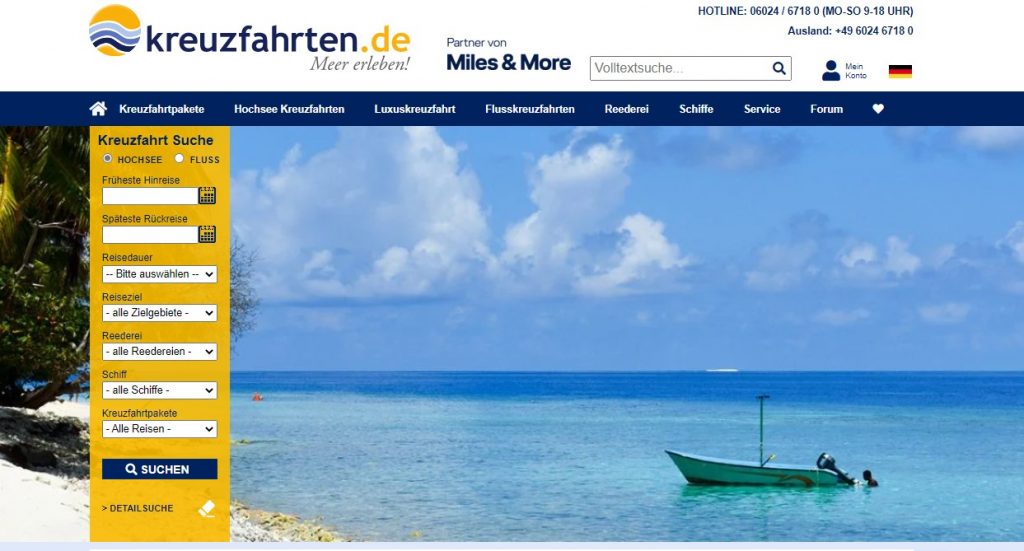 Screenshot Startseite Kreuzfahrten.de mit Bild von karibikstrand