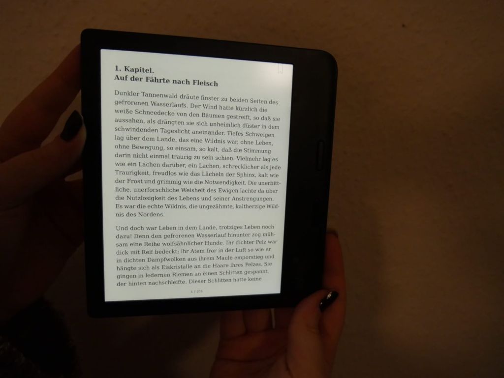 eBook-Reader zeigt Text in dunkler Umgebung