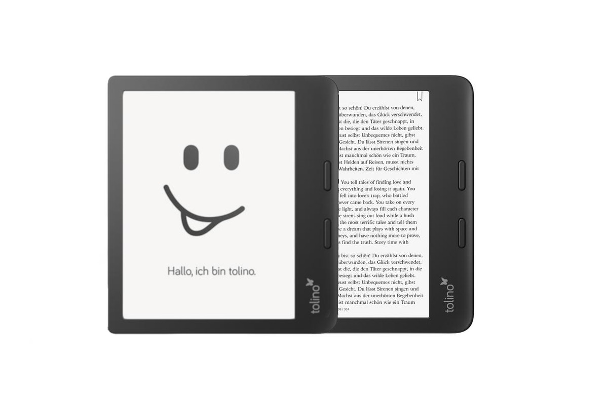 Schwarzer eBook-Reader mit Tolino-Startbildschirm vor eBook-Reader, der Text zeigt auf weißem Hintergrund