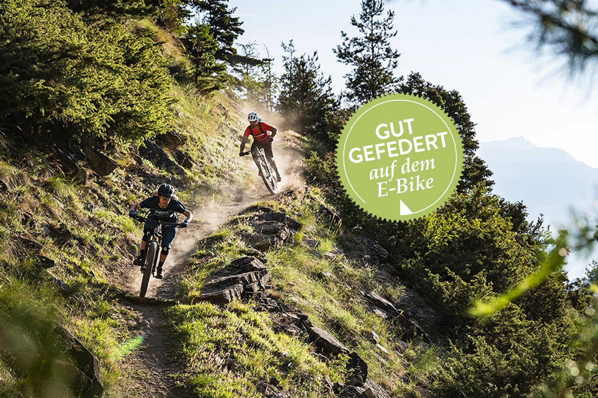 Zwei Mountainbiker fahren in rasantem Tempo einen Bergtrail hinunter