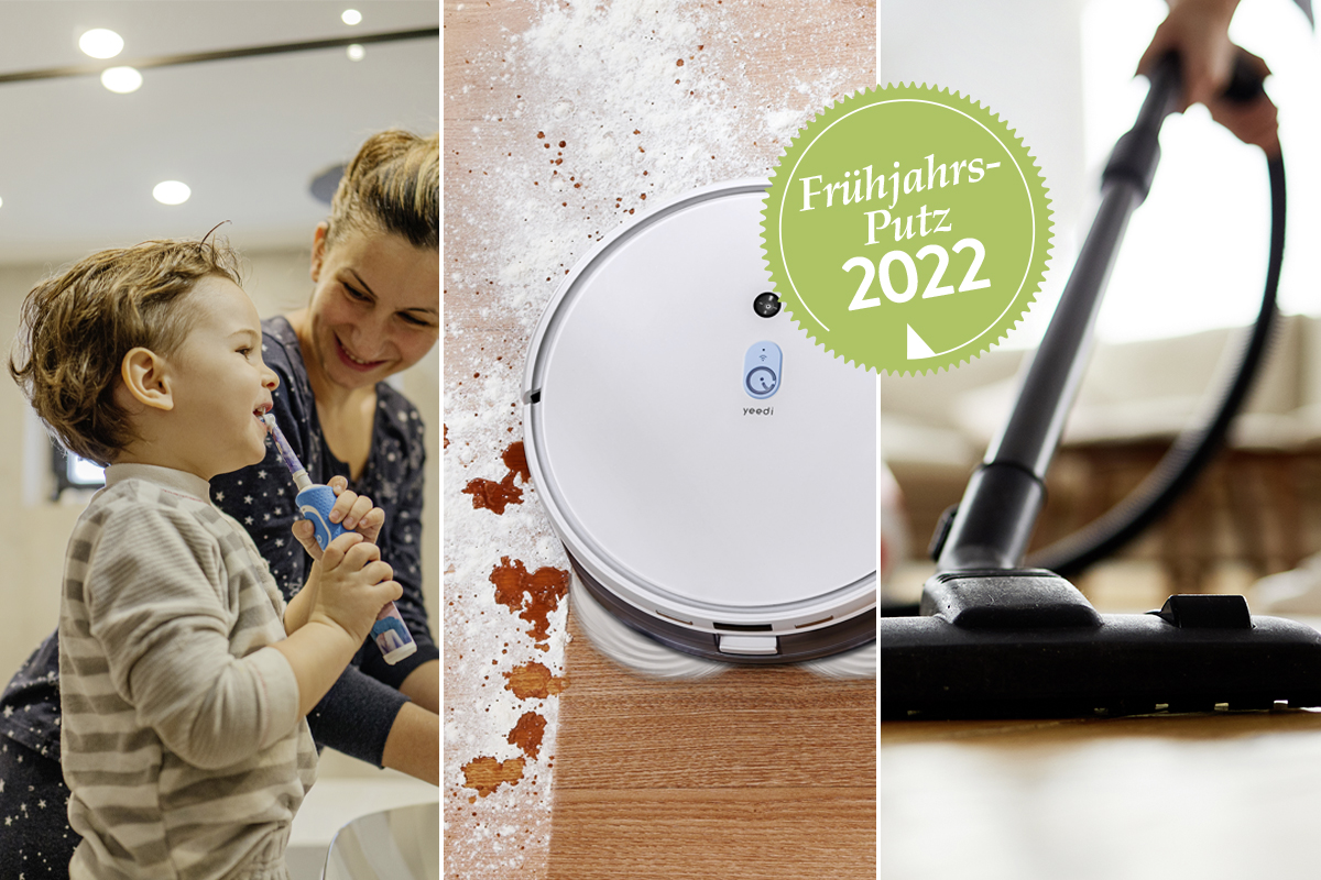 Collage aus drei Bildern nebeneinander: Frau mit zähneputzdendem Kind, weißer Saugroboter im Einsatz, Staubsauger im Einsatz
