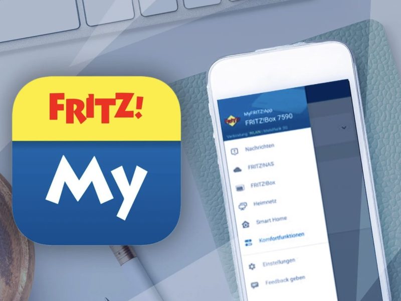 Das Logo von Fritz neben einem Smartphone