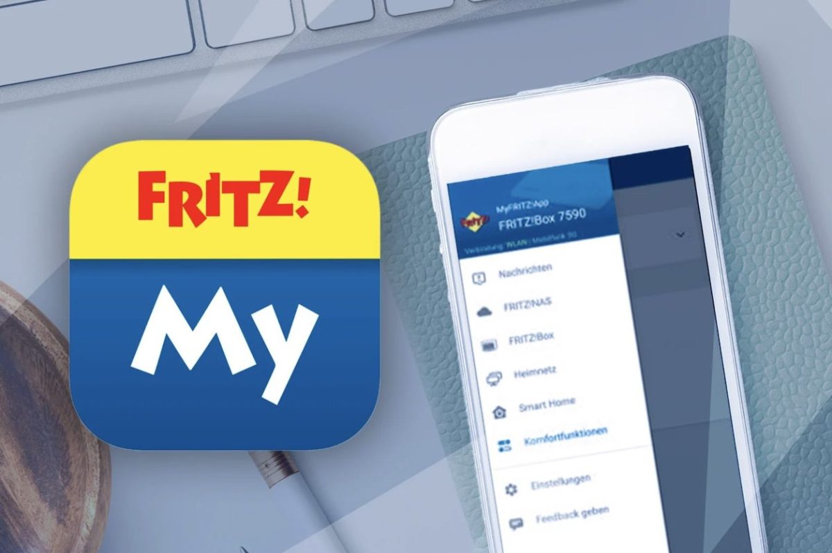 Das Logo von Fritz neben einem Smartphone