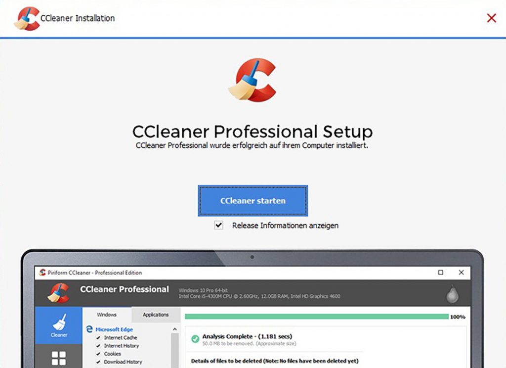 CCleaner installieren: Screenshot Fenster mit CCleaner Download Start