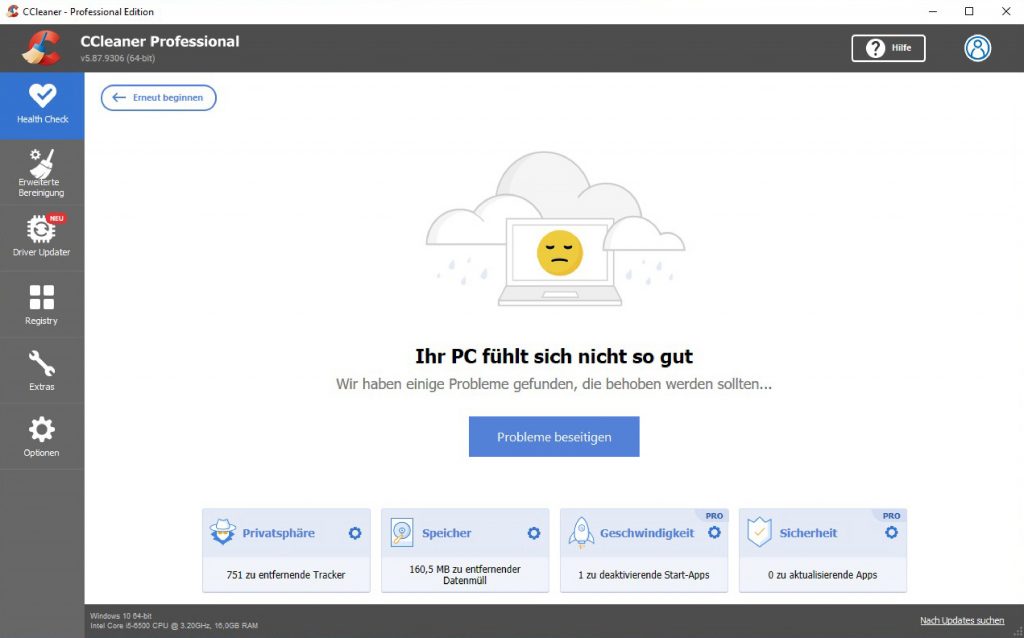 Screenshot Fenster mit Zeichnung von PC mit Regenwolken und traurigem Smiley nach dem CCleaner Installieren